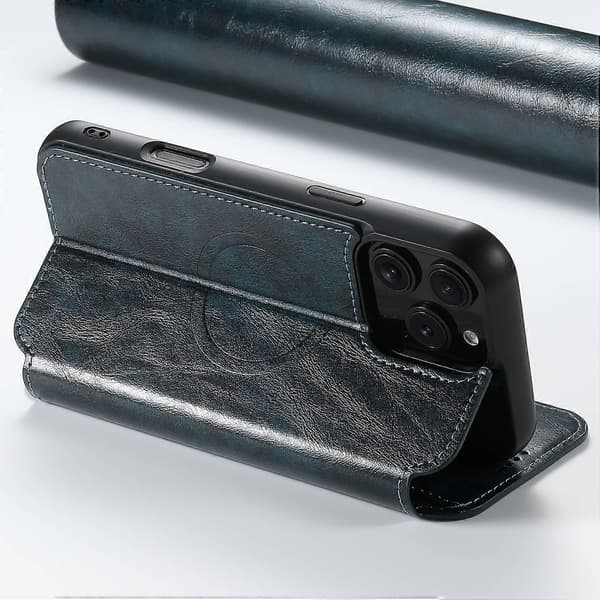 [RM]SUTENI J06 til iPhone 16 Pro Max etui kompatibelt med MagSafe tekstureret PU-læder flip-cover Multicolor Blue