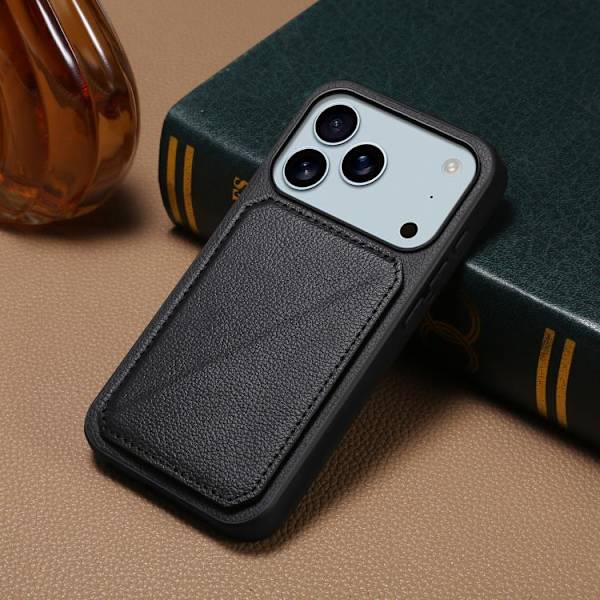[RM]iPhone 17 Pro Case - Calf Texture with Double Card Slots Svart