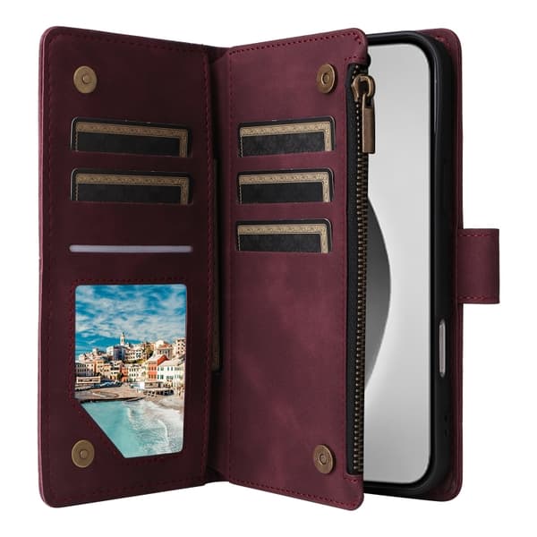 [RM]iPhone 16 Pro Max Case - Crossbody Case with Multiple Card Slots and Zipper Vinrött