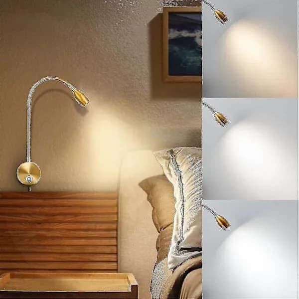 [RM]Dimmable LED Reading Light, Wall Mounted Bedside Reading Lamps for Headboard, Flexible Gooseneck with Touch Dimmer, Plug in, 3 Color Modes, 2 Pack