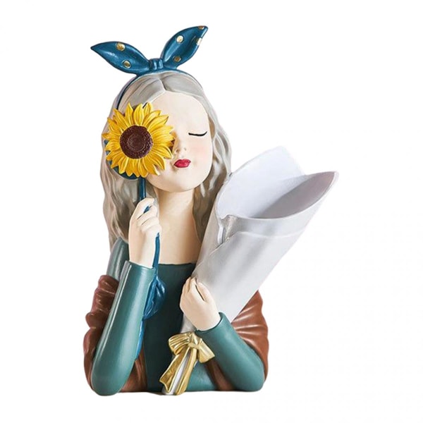 Flicka Blomvas Hantverk Resin Hemmakontor Figurine Ornament Dekor Blå