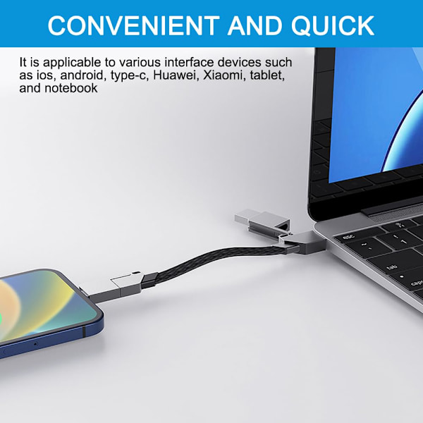 Bärbar 60W Multi-Laddningskabel, 4-i-1 USB Multi-Laddningskabel för Snabbladdning, USB A/C till USB C/IP-kontakt