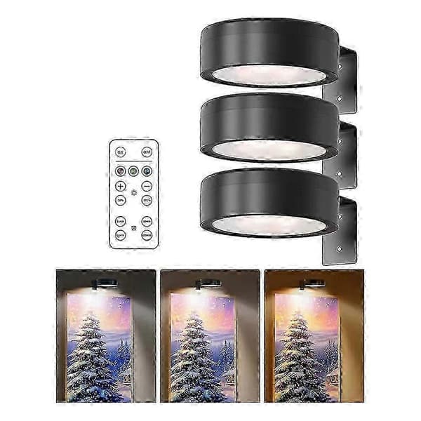 3 stk. batteridrevet magnetisk LED-malerilys med fjernkontroll, dimbar timer, 3 lysmoduser, kunstutstillingslys