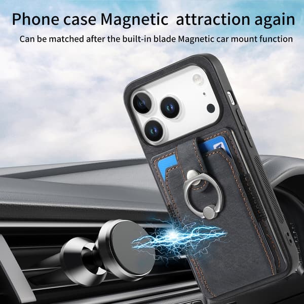 Kompatibel med iPhone 17 kortholder, ensfarvet, retro metalring, magnetisk bilmontering (sort)