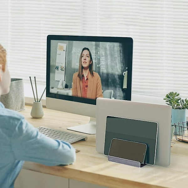 Justerbart vertikalt laptopställ med dubbla fack, designat med 2 fack i aluminium för de flesta laptops