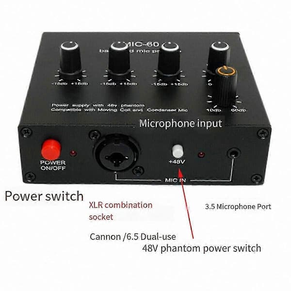 Professionel lydforstærker med 48V fantomstrøm og 6,5 mm indgang til dynamiske mikrofoner black 6.5mm cable