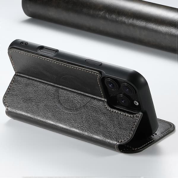 [RM]SUTENI J06 til iPhone 16 Pro Max etui kompatibelt med MagSafe tekstureret PU-læder flip-cover Multicolor Black