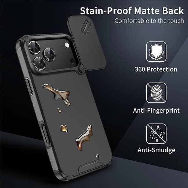 [RM] Kompatibelt etui til iPhone 17 Pro, PC + TPU-skal med skydelåg til kamera Black