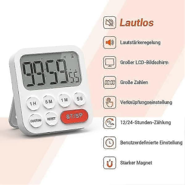 Digital magnetisk stopur timer med ur, magnet, 3-niveau lydstyrke, LCD-display [MI]