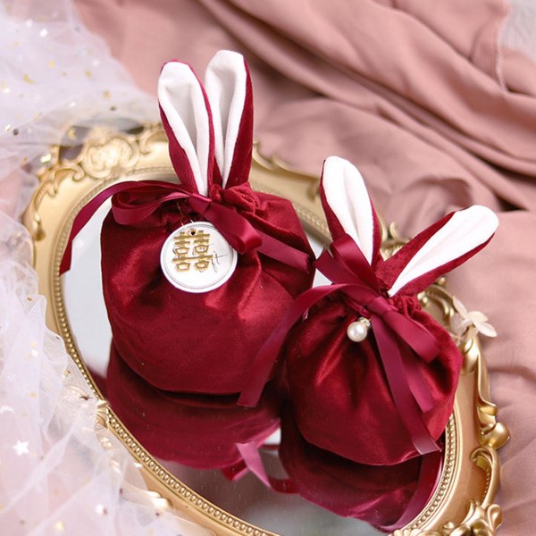 Cookie Packaging Bag Cartoon Rabbit Ears Multifunktionell sammet Glad påsk presentpåse för kakförpackning Wine Red