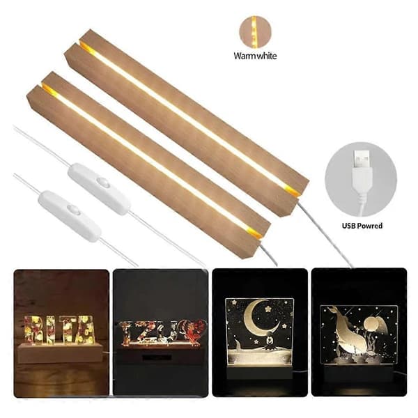 [RM]2 STK LED Trælys Display Rektangulær Krystal Træbelyst Base Stand 5.2mm Gennemgående Slids med Farvede Lys