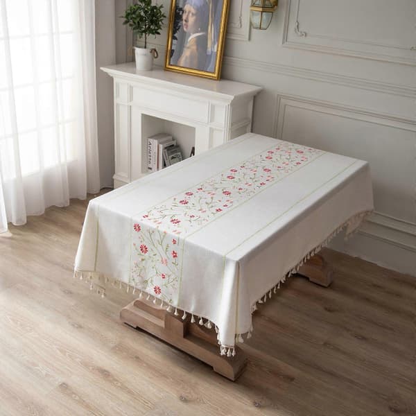 Rektangulär bordsduk i linne och bomull med tofsar och rosa blommor, modern minimalistisk stil, 140×180 cm