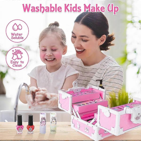 Børns vaskbare makeupsæt - Komplet ægte makeupsæt med stilfuld makeupkuffert – Ideelt legetøjsmakeupsæt