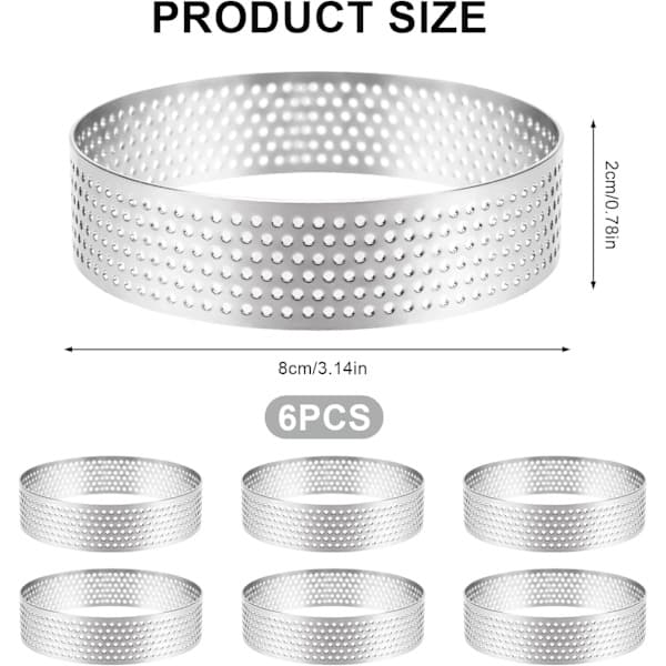 Set med 6 tårtformar i rostfritt stål, 8 cm, tårtring, tårtformar, perforerad bakring [RM]