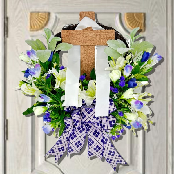 Påskkrans dörrhängande dekoration med kors, bukettgirland för ytterdörrsdekoration