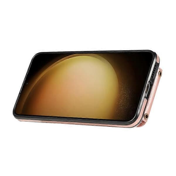 Kompatibelt deksel til Samsung Galaxy A56 5G med kortholder, ringstativ, TPU + PU-lær og lang stropp PinkGold