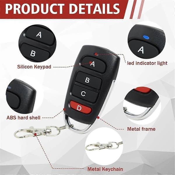 4-pack Universal Garage Door Remotes, 433 MHz, Clone Remote Switch for Gates and Garages, Handheld Transmitter