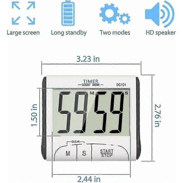 Køkkentimer, 24t Digital Magnetisk Elektronisk Køkkentimer Digital Timer Med Lydalarm LCD Display Nedtællingstimer Magnetisk Holder - Hvid