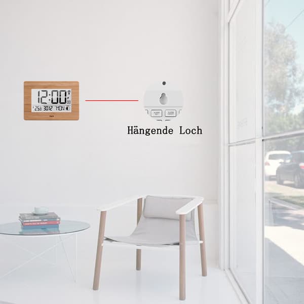 [RM] Radiostyrd digital klocka med tidssignal, äkta bambuhölje, LCD-display, termometer, väckarklocka och kalender. Batteri ingår