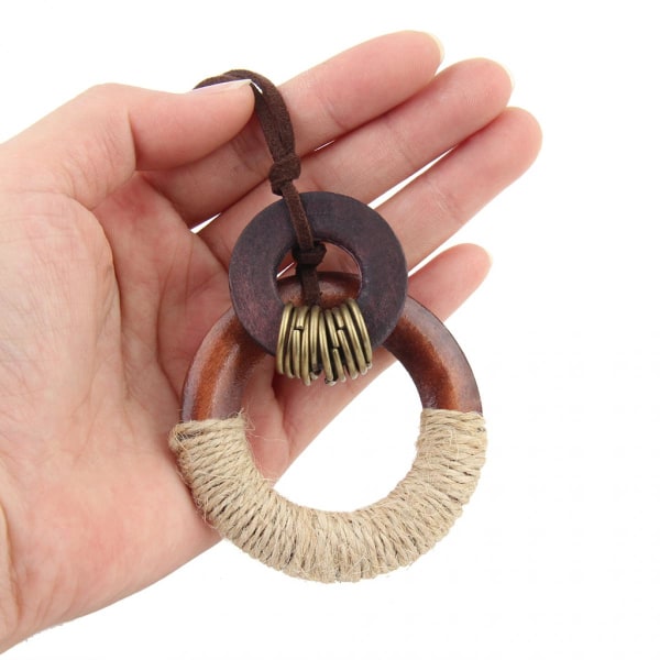 Trä Ring Cirkel hänge halsband med Jute rep tröja dekoration