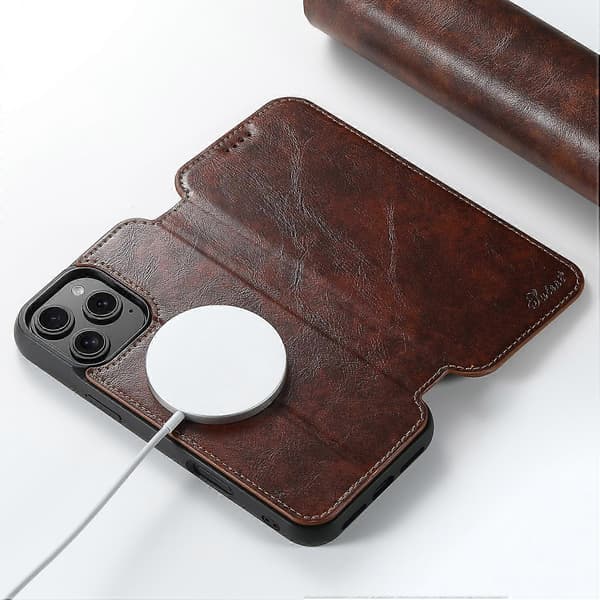 [RM]SUTENI J06 til iPhone 16 Pro Max etui kompatibelt med MagSafe tekstureret PU-læder flip-cover Multicolor Khaki