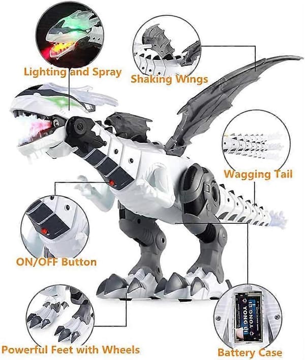 Tåke Robot Sprutende Drage Leketøy Barn Gående Ildsprutende Dinosaur med Vannspray Lyd og Lys white