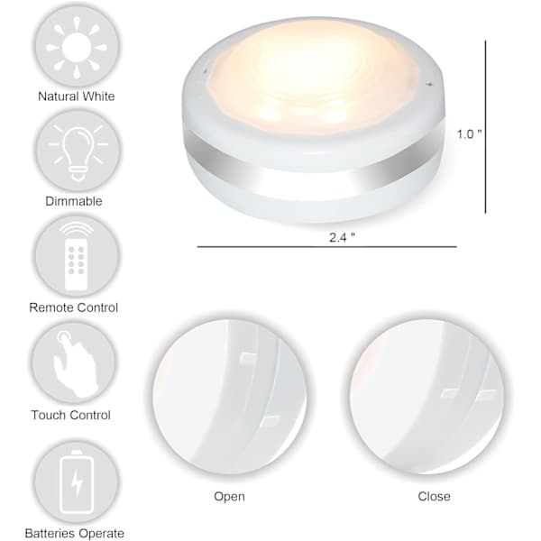 [RM]Puck Lights Battery Operated Lamp with Remote Control LED Under Cabinet Lighting Wireless Dimmable Closet Light (Natural White 6-Pack)