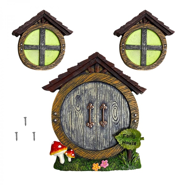 Gnome Fairy Miniatyrhus Fönster och Dörr för Träddekoration, Självlysande Sovande Féer Dörr och Fönster