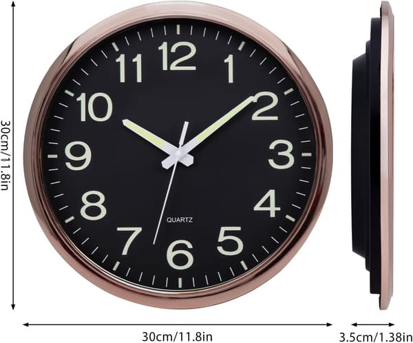 [RM]12\" Luminous Wall Clock Glow in the Dark Silent Wall Clock Non-Ticking Sweeping Movement - Rose Go Rose Gold