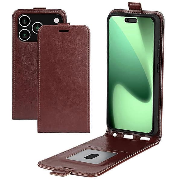 [RM] Kompatibelt etui til iPhone 17 Pro med kortlommer, vertikalt flip-lædercover Brown