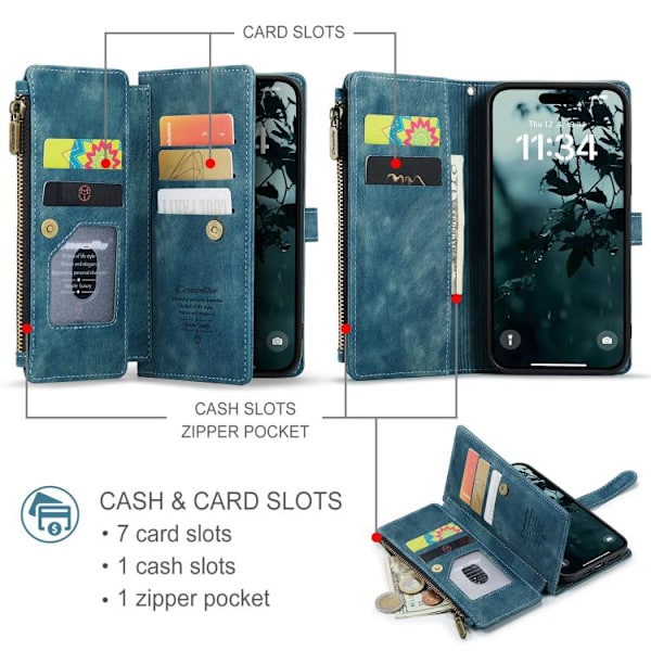 [RM]iPhone 17 Case Leather Case with Card Slots and Zipper Blå