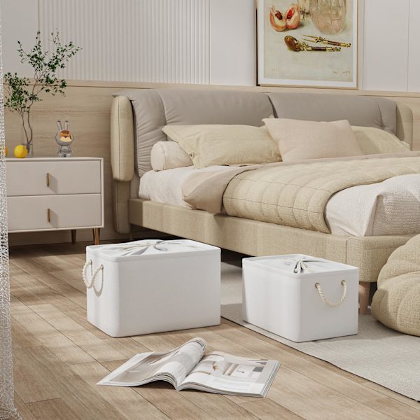 [RM]Foldable Storage Baskets, Fabric, Boxes for Shelves, with Drawstring and 2 Handles, for Clothes, White, 40x30x26cm