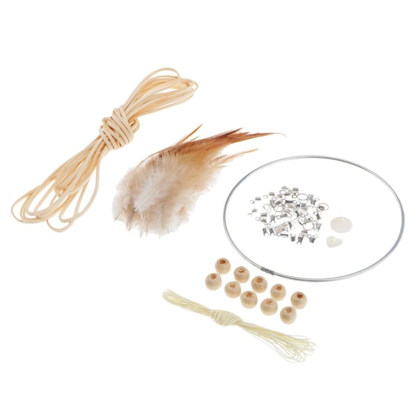Materialsatser Drömfångare DIY Järnspänne, Mockasnöre, Fjäder, Beige Pärlor