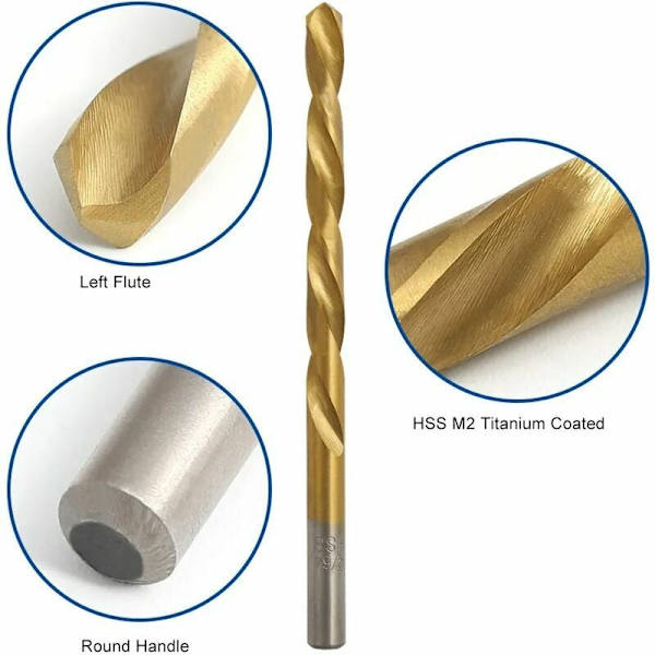 [RM]Left Hand Drill Bit Set, Titanium Nitride Coated HSS Drill Bit with Left Hand Threaded Design, Left Hand Drill Bit Set 135-Degree Double-Edged