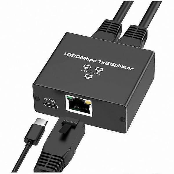 Gigabit Ethernet-svitsj 2-porter, 1000 Mbps nettverksdeler med strømadapter Black