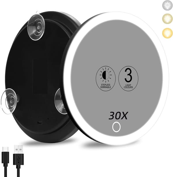 [RM]30x Magnifying Mirror with Light, Large 15cm 3 Color Mirror with 30x Dimmable Illumination with 3 Suction Cups, 30x Magnification_tfrf