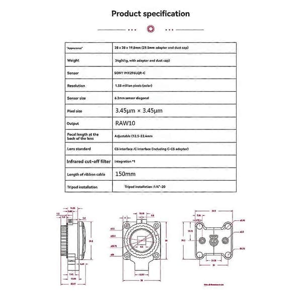 För Raspberry Pi Global Shutter Kameramodul IMX296 Sensor 15.8MP 1456X1088 GS Kameramodul
