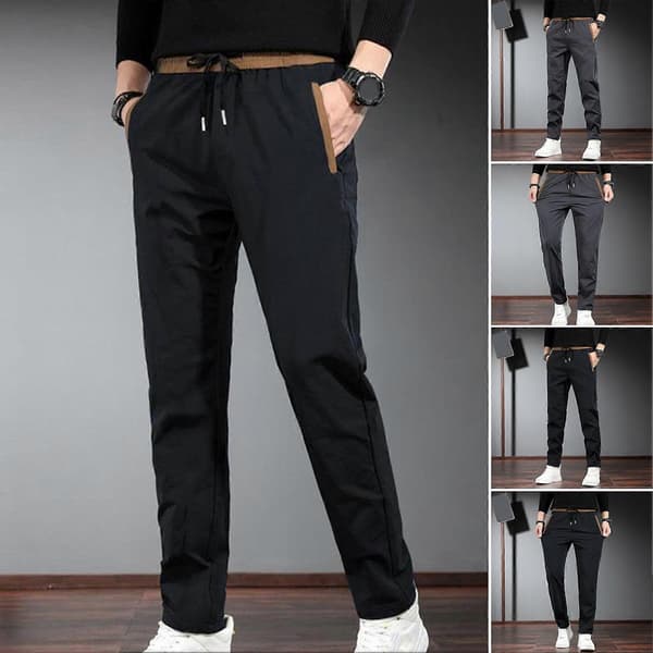 Herr Sommar Cargo Byxor Elastisk Dragsko Midja Enfärgad Långbyxor Sidofickor Raka Ben Black 4XL