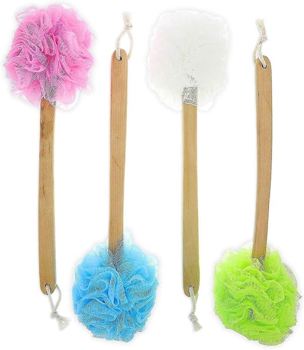 Långskaftad luffa på pinne ryggskrubb, badsvamp (4 färger, 4-pack)