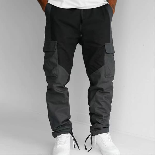 Mænd Sportsbukser Patchwork Elastisk Talje Løs Farvematchning Multi Lommer Blød Åndbar Afslappet Black XL