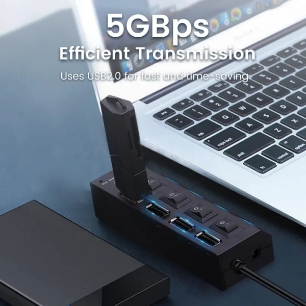 USB 2.0 Hub Multi USB Splitter Portar Hub Använd Strömadapter 7 Portar Multipl Expander Hub White