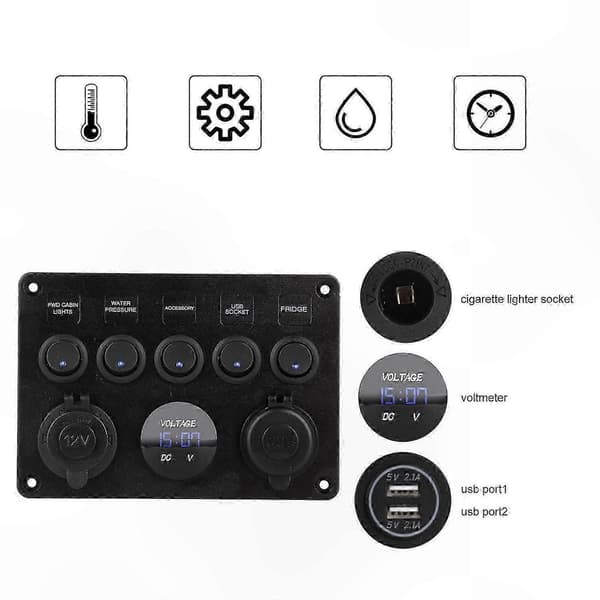 5-positions 12V/24V sikringsboks med LED-afbryderpanel og dobbelte USB-porte til brug i køretøjer, både, lastbiler og campere
