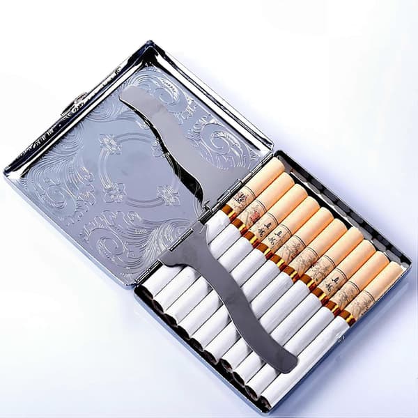 Cigaretetui i metal til mænd, rummer 20 cigaretter, holdbart sølvdesign