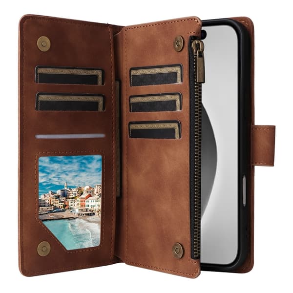 [RM]iPhone 16 Pro Max Case - Crossbody Case with Multiple Card Slots and Zipper Brun