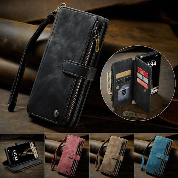 [RM]iPhone 17 Case Leather Case with Card Slots and Zipper Svart