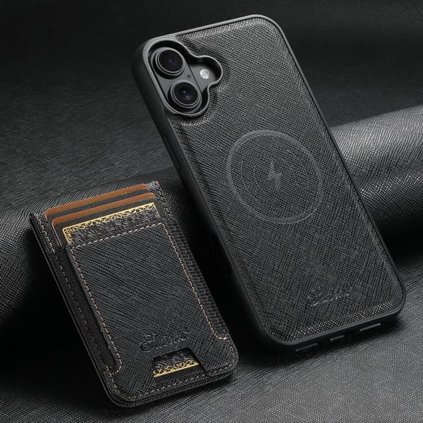 [RM]iPhone 17 Case - Cross Grain Leather with MagSafe and Detachable Wallet Svart