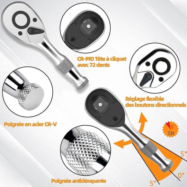 3-delars set med vändbara minispärrskaft 1/4\"-3/8\"-1/2\" 72-tänders spärrnyckel i Cr-V-stål