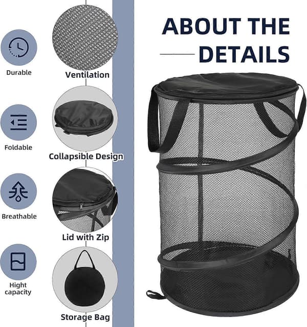 [RM]2-pack Foldable Laundry Baskets with Zipper Lid, Small Laundry Hamper for Clothes, Toys, Camping, Travel, Dorm Black Black