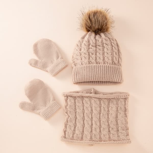 Ull enfärgad stekt degknut varm barnhatt halsduk handskar tredelad fläck barnhatt set khaki