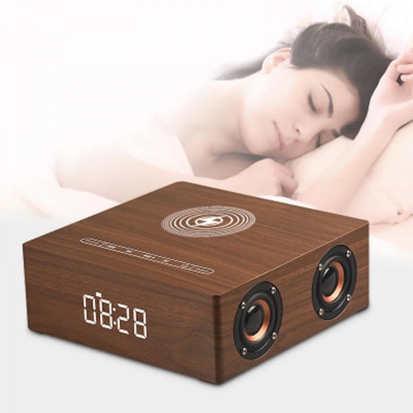 Multifunktionell Bluetooth-högtalare Retro Väckarklocka Trådlös Laddare Brun